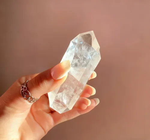 Array of clear quartz crystals in various formations