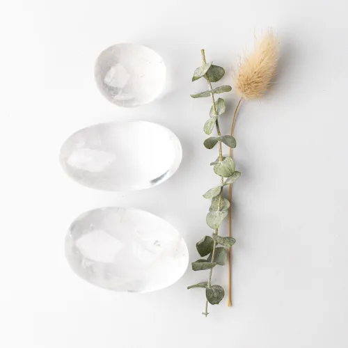 Clear quartz cluster among houseplants catching morning light