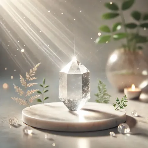 Close-up light refraction in a faceted clear quartz point