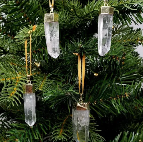 Close-up of various quartz ornaments showing textures and inclusions