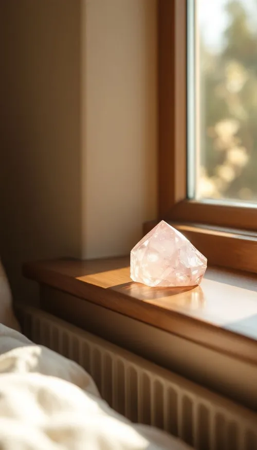 Hand holding clear quartz against window showing internal characteristics