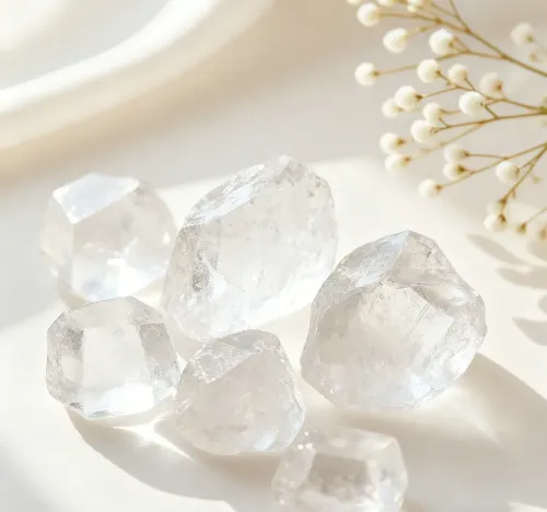 Hands holding paired clear quartz and lapis lazuli jewelry